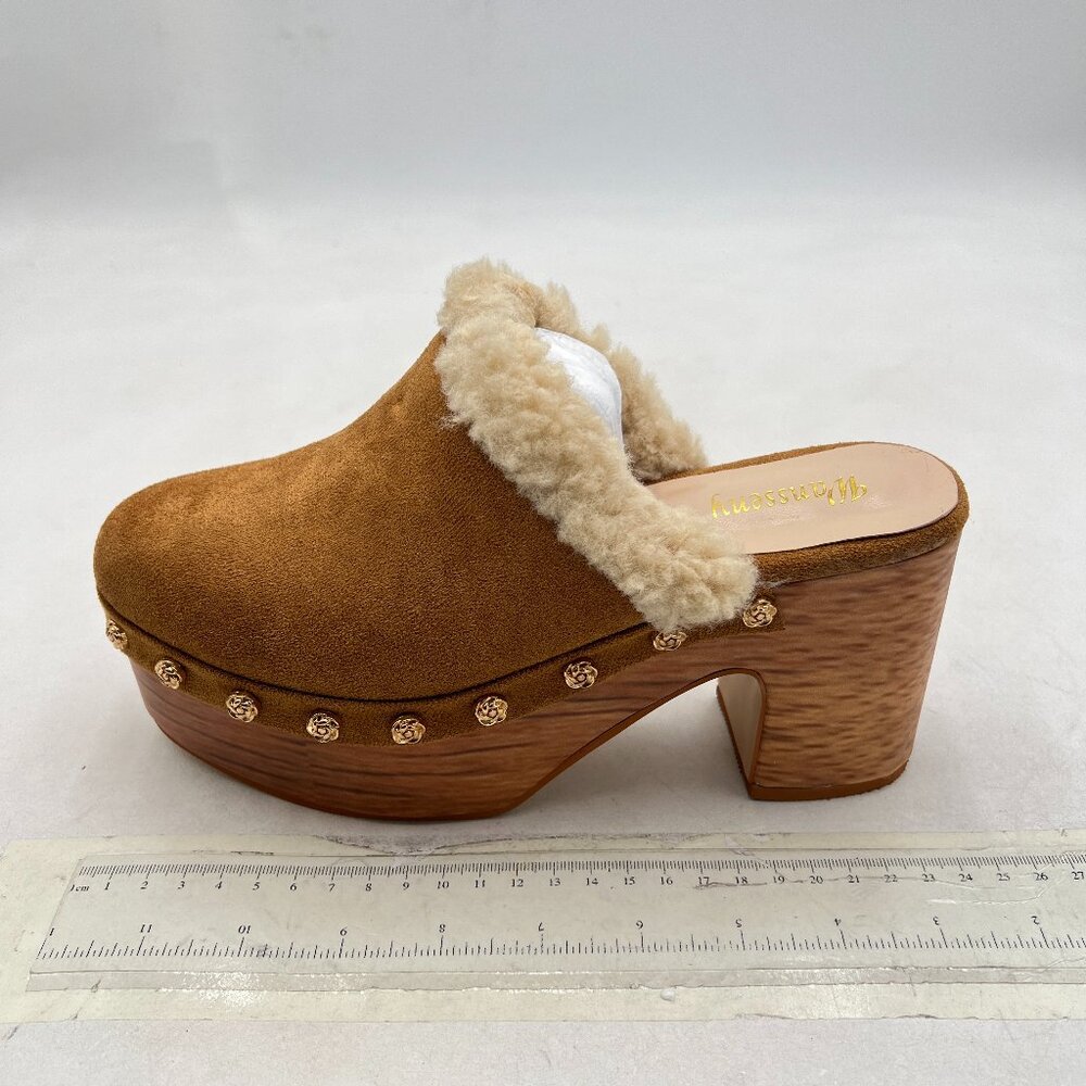 Beige Women Closed Round Toe Studded Platform Slip on Cork Block High Heel Mule